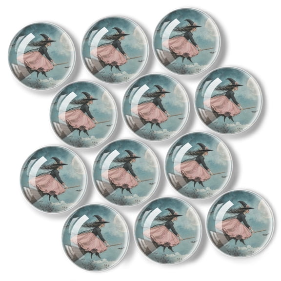 12 Pcs Glass Refrigerator Magnet Magnetic Fridge Sticker,Decor for Kitchen,Whiteboard, Cabinet,Witch Flying On A Broom