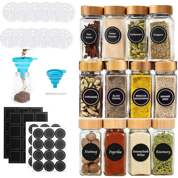 12 Pcs Glass Spice Jars with Bamboo Lids, 4 oz Glass Jars with Minimalist Farmhouse Spice Labels Stickers, Collapsible Funnel, Seasoning Storage Bottles for Spice Rack, Cabinet, Drawer