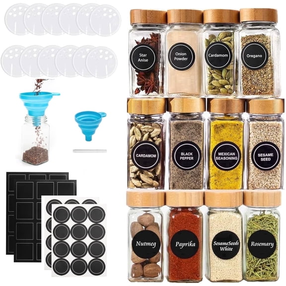12 Pcs Glass Spice Jars with Bamboo Lids, 4 oz Glass Jars with Minimalist Farmhouse Spice Labels Stickers, Collapsible Funnel, Seasoning Storage Bottles for Spice Rack, Cabinet, Drawer