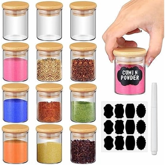Glass Spice Jars with Bamboo Airtight Lids Labels and Chalk Marker Food Storage Container Clear Spice Storage Bottle for Kitchen, Herbs, Seasoning, Seed, Tea, Sugar (12 Pcs,2.5 Oz)