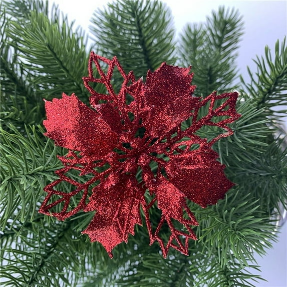 12 Pcs Glitter Artificial Poinsettia Flowers, Christmas Tree Flowers Ornaments Decorative Floral Accessories for Christmas Tree Decorations Red