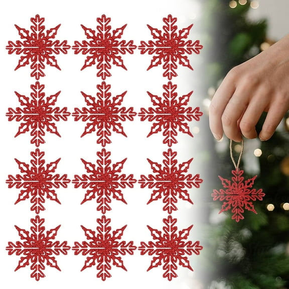 12 Pcs Glitter Hollow Snowflake Ornaments, Christmas Tree Snowflakes Decorations for Winter Xmas Décor, Hanging Plastic Snowflake Pendants for Indoor Home Window Room, Red 1#