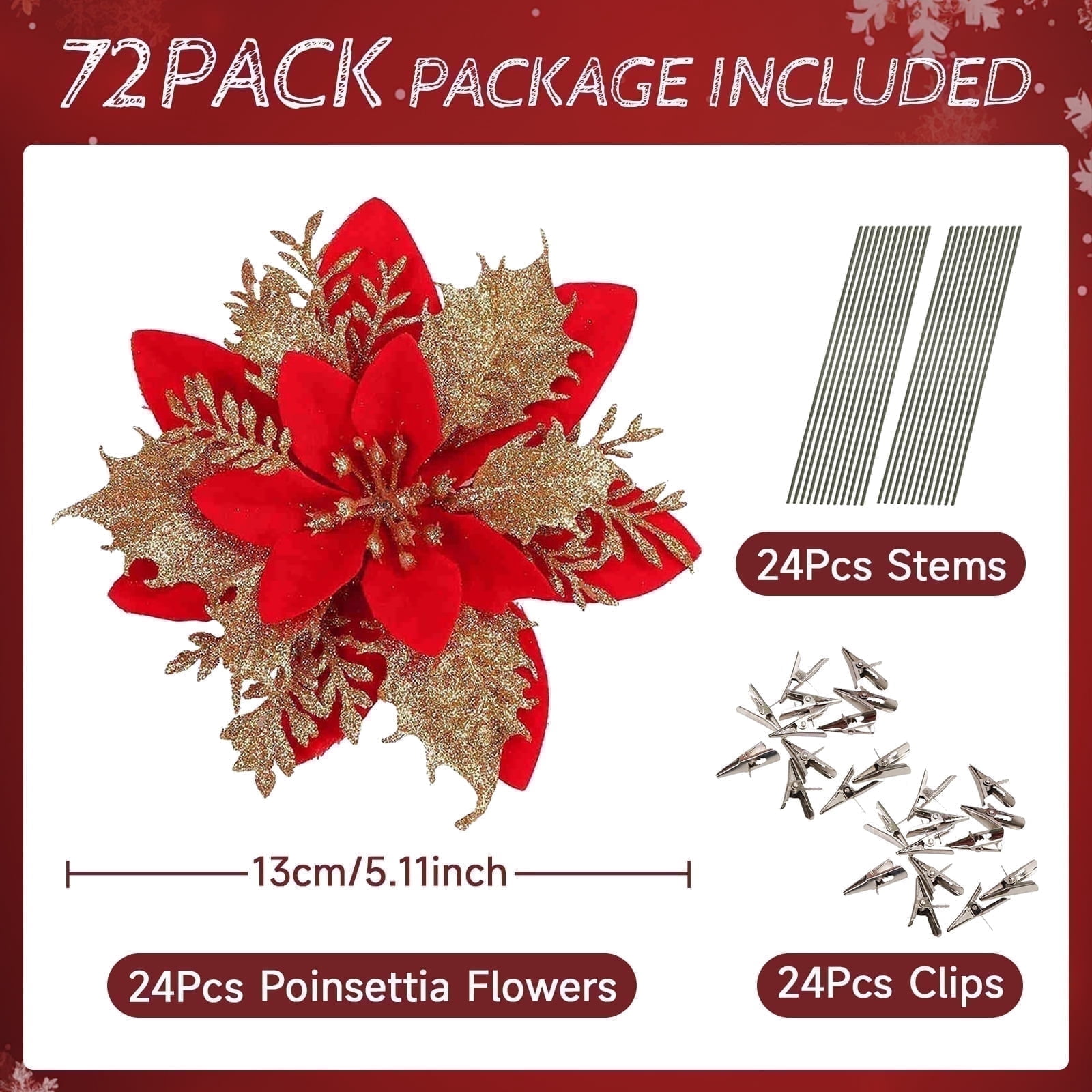 Syvvy 72pcs Poinsettia Christmas Artificial Flowers,Christmas Indoor Decor,5.5" Glitter Flowers with Clips,Xmas Tree,Garland,Gift,Wedding,Party Ornaments,(Red)