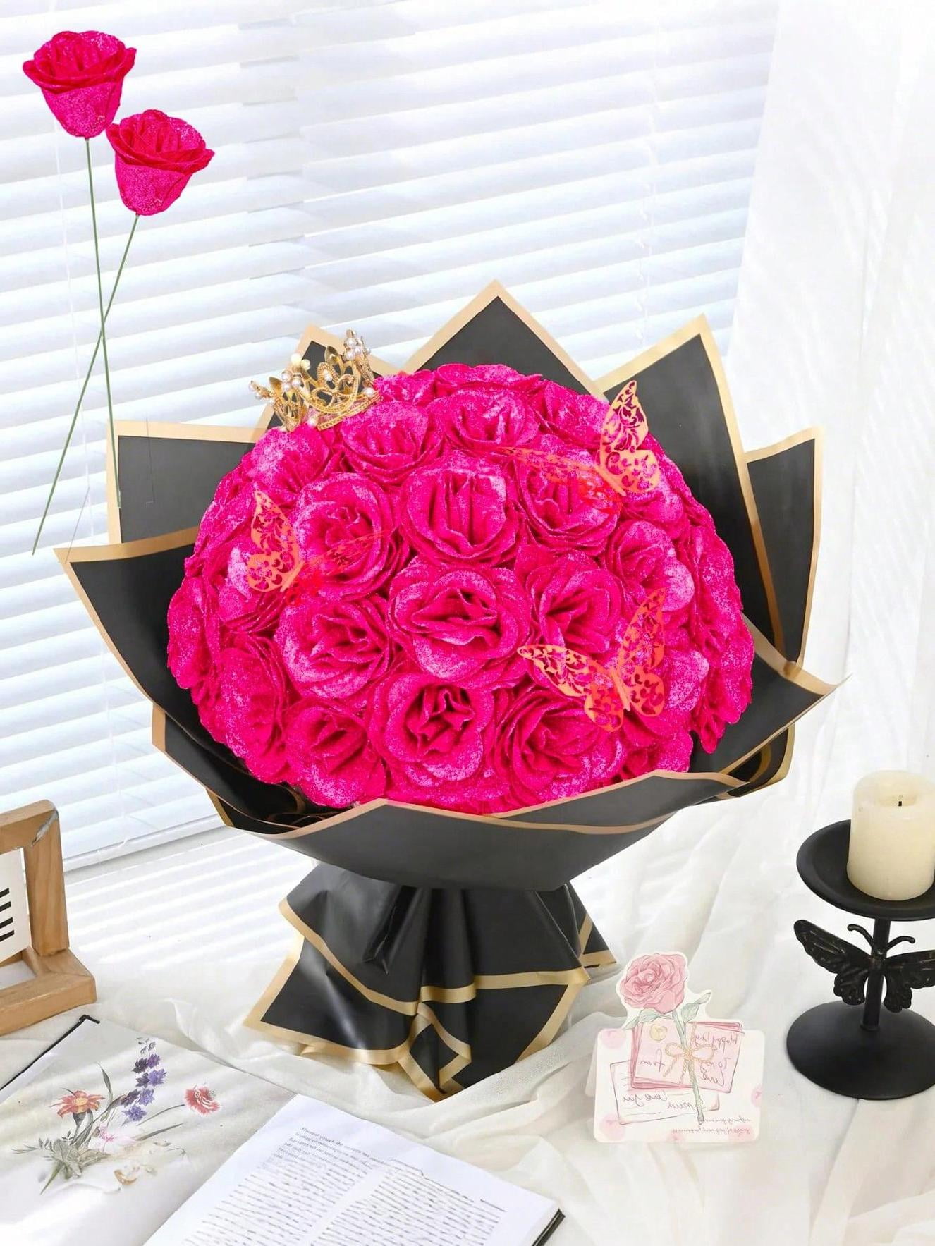 12/Pcs Glitter Roses Bouquet, DIY Fake Flowers, Artificial Rose