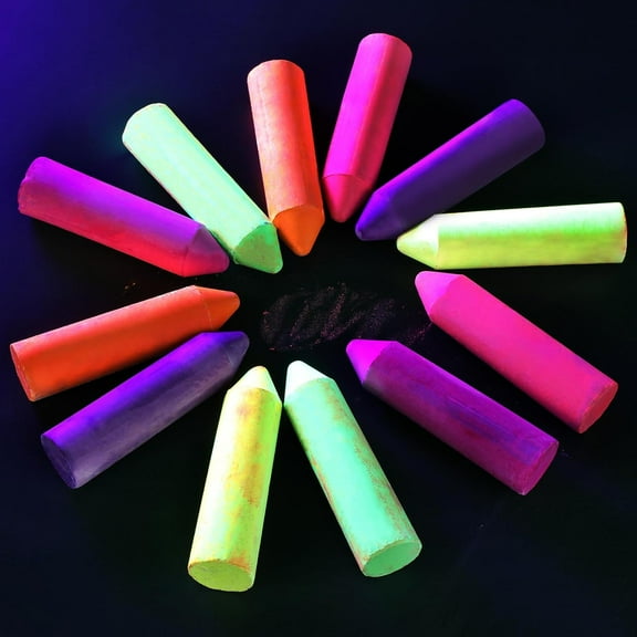 12 Pcs Glow in the Dark Chalk Under Blacklight, 6 Neon Colors Washable Dustless UV Sidewalk for Black Light Party Playground Chalkboard Birthday Gift and Outdoor Drawing (Crayon)