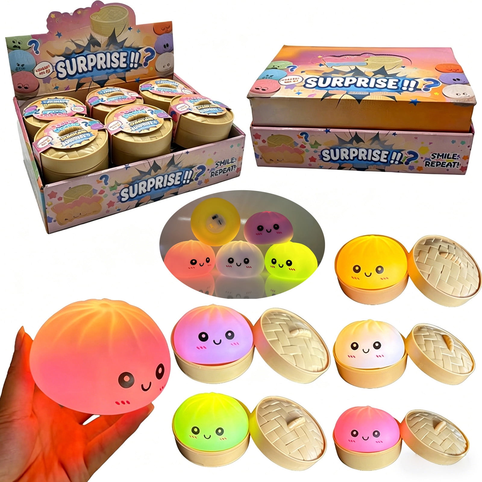 12 Pcs Glowing Cute Dumpling Stress Ball Set, Mystery Decompression Illuminated Bun with Steamed Box, Slow Rising Squeeze Ball for Anxiety Tension Relief, Fidget Sensory T-oy