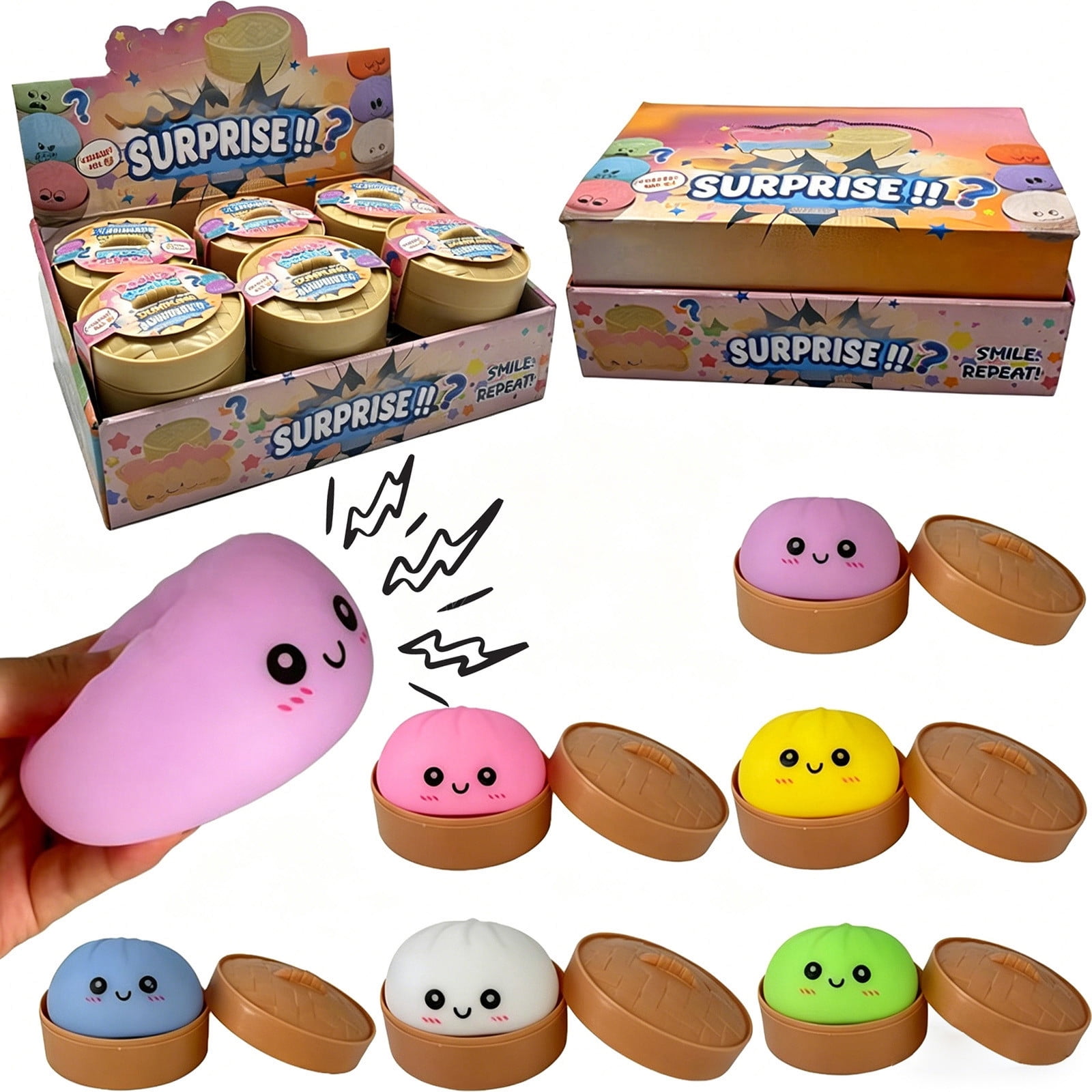12 Pcs Glowing Cute Dumpling Stress Ball Set, Mystery Decompression Makessound Bun with Steamed Box, Slow Rising Squeeze Ball for Anxiety Tension Relief, Fidget Sensory T-oy
