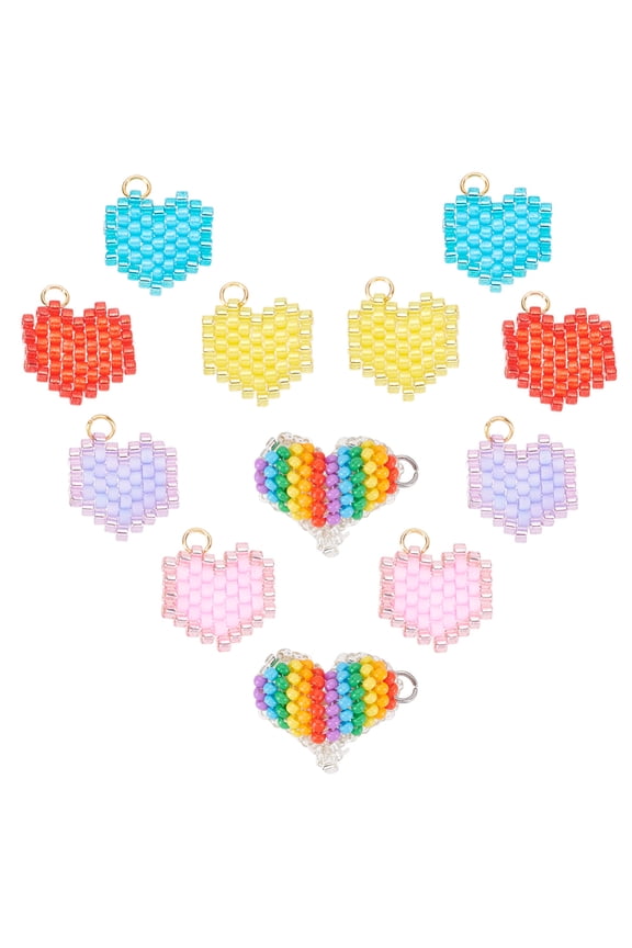 12 Pcs Glsss Beaded Heart Charm 6 Colors 2 Sizes Love Shape Charms Pendants Seed Bead Heart Charms Dangle Charm for Valentine's Day Jewellery Making