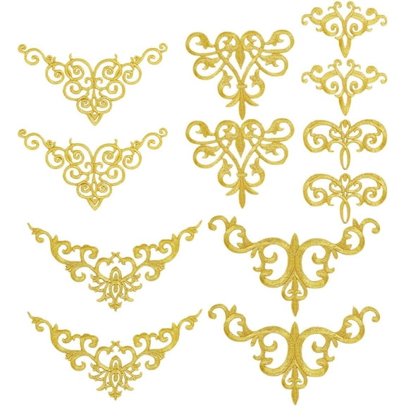 12 Pcs Gold Flower Appliques Ethnic Style Embroidery Cloth Iron on Sew on Patches Gold Lace Patches Embroidered Appliques Leaf Wreath Patch for DIY Clothing Wedding Prom Dress