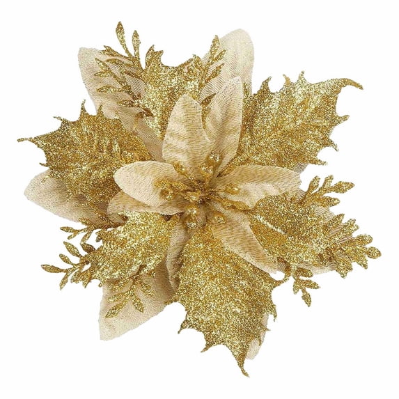 12 Pcs Gold Glitter Poinsettia 5.5" Artificial Flowers Christmas | with Clips Stems Xmas Tree Ornaments for New Year Party Stairs Fireplace Porch Balcony Garden Church Wreath Decoration