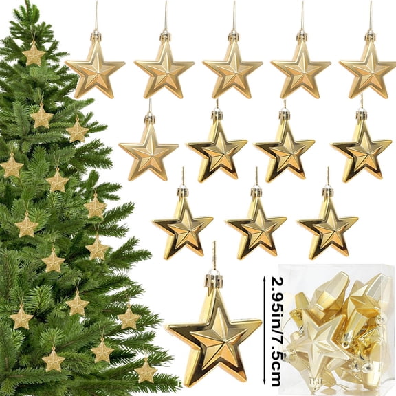12 Pcs Gold Glitter Star Ornaments, Christmas Tree Pendant, Mini Hanging Star, Plastic Gold Christmas Decorations, Plastic Festive Embellishments for Holiday Parties Weddings Home Decoration