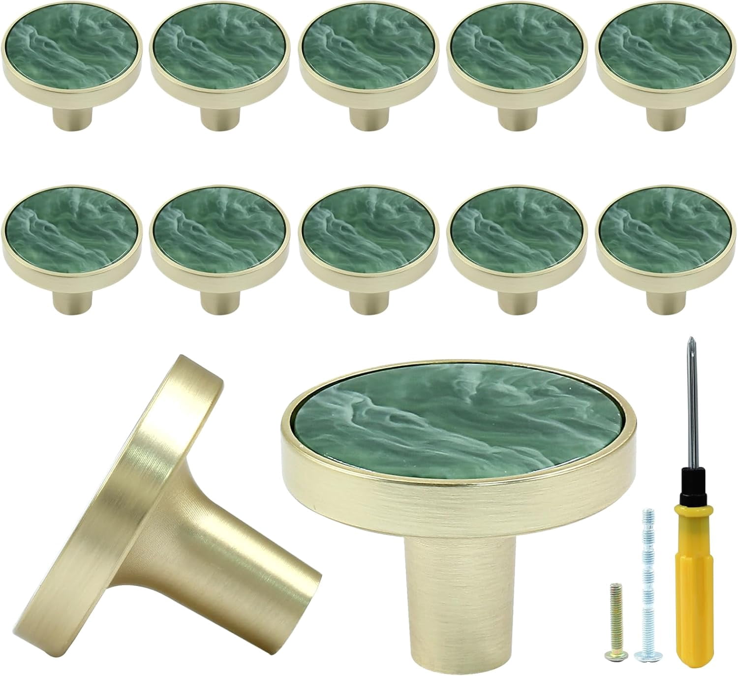 12 Pcs Gold Knobs for Dresser Drawers, Round Dresser Cabinet Knobs Pulls for Kitchen Cabinet Cupboard Door Furniture Decorative, Green