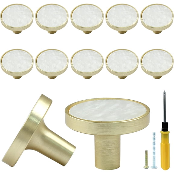12 Pcs Gold Knobs for Dresser Drawers, Round Dresser Cabinet Knobs Pulls for Kitchen Cabinet Cupboard Door Furniture Decorative, White