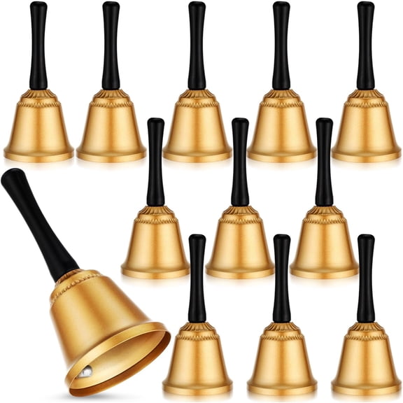 12 Pcs Gold Metal Embossed Hand Bells Bulk Dinner Service Bell with Plastic Handles 5.9in Steel Call Bell for Wedding, Animal Training, Meditation, Musical Teaching, Church, Sick, Elderly