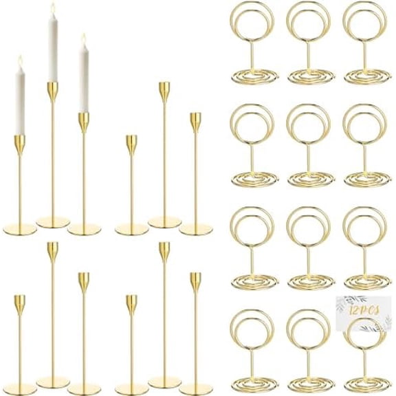 12 Pcs Gold Metal Taper Candle Holders and 12 Pcs Table Number Card Holders Fits 3/4 Inch Thick LED Candle for Centerpieces Wedding Party Housewarming Dining Table Decor$$Home Decor, Kitchen, & Other