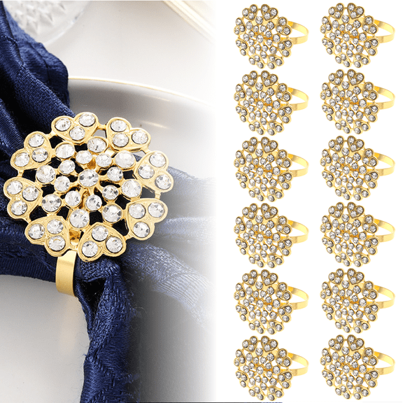 12 Pcs Gold Napkin Rings Flower Napkin Buckles Rhinestone Bling Round Napkin Holders for Wedding Banquet Home Party Decoration Dining Table Linen Accessory
