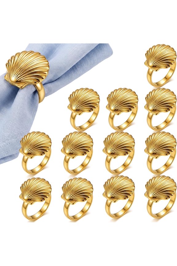 12 Pcs Gold Shell Napkin Rings Bulk Coastal Seashell Beach Napkin Ring Holder Summer Party Table Decor Gift for Pool Hawaii Holiday Brithday Nautical Dinner Table Setting Home Party Favors