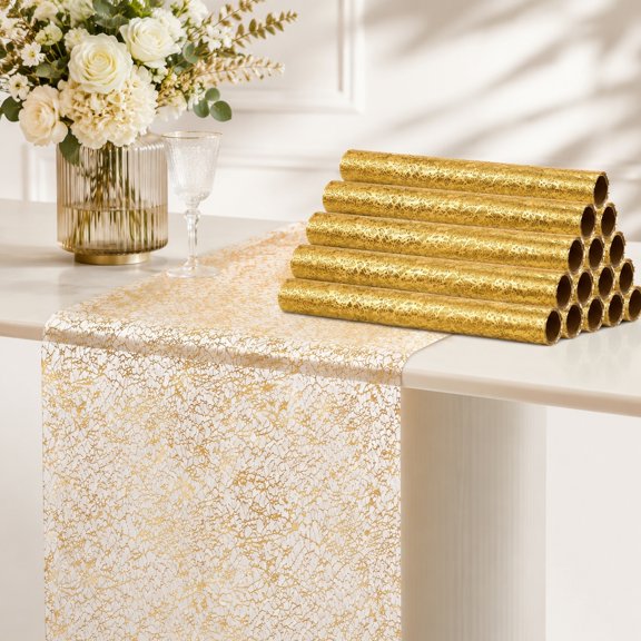 12 Pcs Gold Table Runners, Glitter Sequin Mesh Table Runner for Wedding Party Banquet Decor, Metallic Polyester Table Decoration for Birthday Reception Events