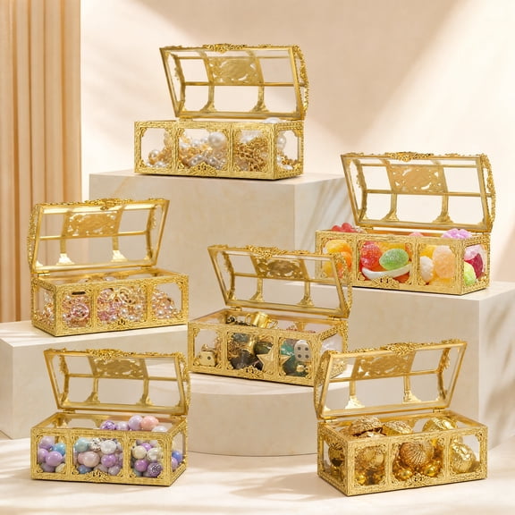12 Pcs Gold Treasure Chest Candy Boxes with Transparent Window Flip Top Closure, 22.91.2 Inch Plastic Mini Pirate Treasure Chest, Suitable for Wedding Birthday Party Celebration