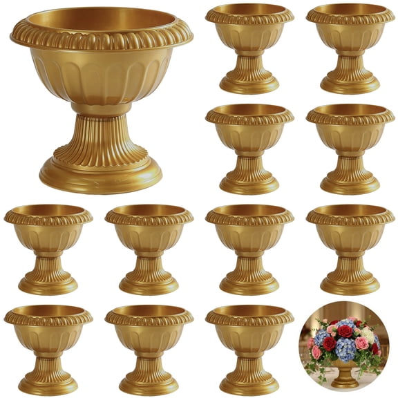 12 Pcs Gold Vases, 5.5 in Tall Plastic Flower Pots, Roman Pedestal Urns, Elegant Gold Finish Compote Bowl with Sturdy Base for Wedding Centerpieces, Artificial Floral Arrangements, Home & Party Decor