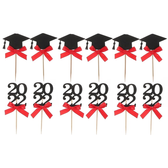 12 Pcs Graduation Cake Inserts Decor Paper Cups Blue Party Supplies Cupcake Toppers Doctoral Hat Red Ribbon