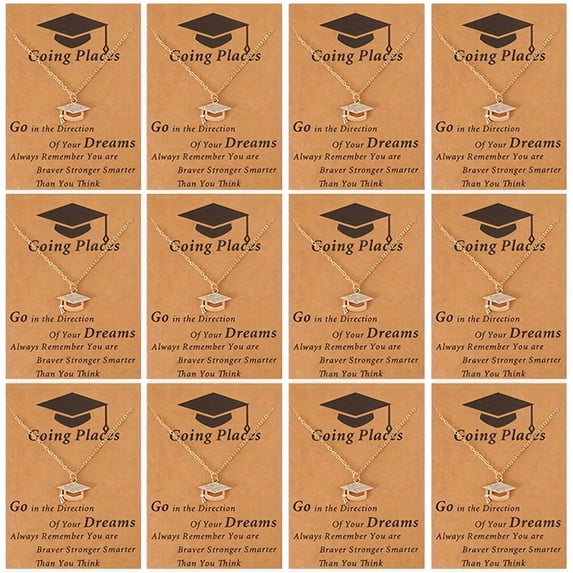 12 Pcs Graduation Cap Necklace Set, Inspirational Pendant Necklaces with Motivational Cards, Gold Tone Alloy Jewelry Gift for Graduates, Class of 2026 Graduation Party Favors Keepsake Gifts