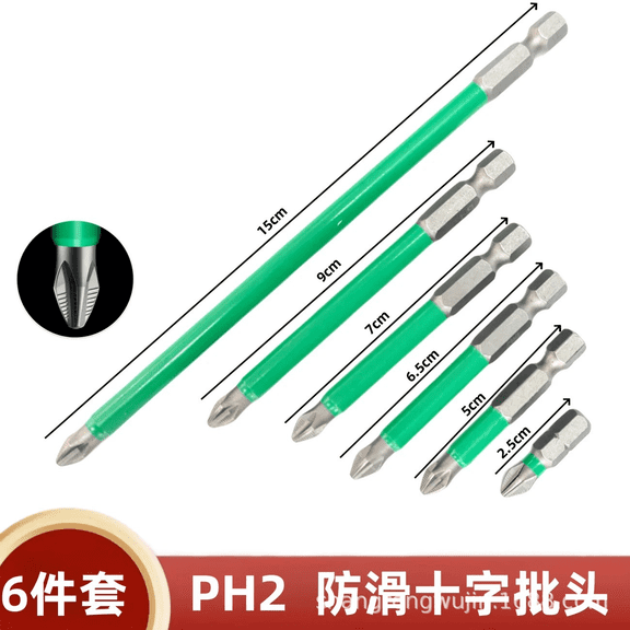 12 Pcs Green 6-Piece Non-Slip PH2 Cross Impact Screwdriver Drill Bit Set, S2 Alloy Steel with Metal-Gripping, Hex Shank, for Electric Drills, Torque Drivers, Power Screwdrivers