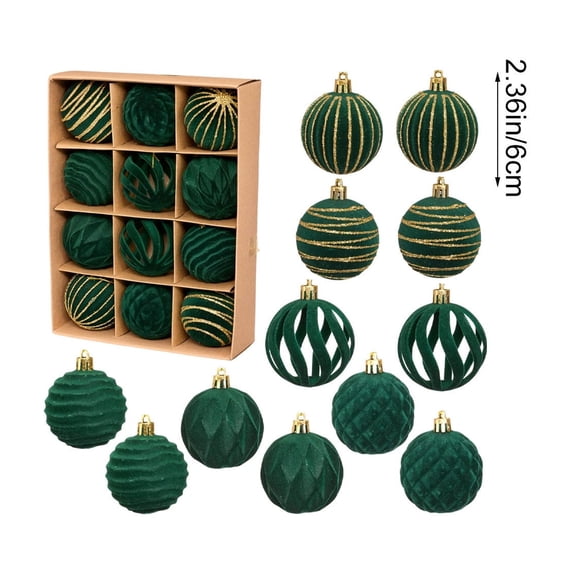 12 Pcs Green Flocked Christmas Ball Ornaments,2.36 Inch Velvet Suede Baubles,Hollow & Embossed Textured Hanging Balls with Gold Glitter Stripes for Christmas Tree Winter Holiday Decor