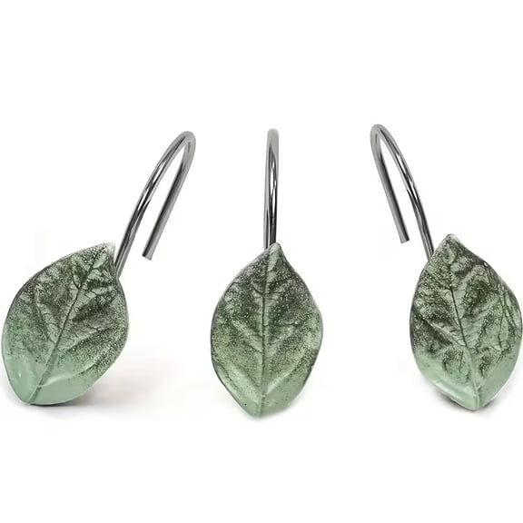 12 Pcs Green Leaves Shower Curtain Hooks - Rustproof Decorative Bathroom Hooks for Standard Curtains and Rods