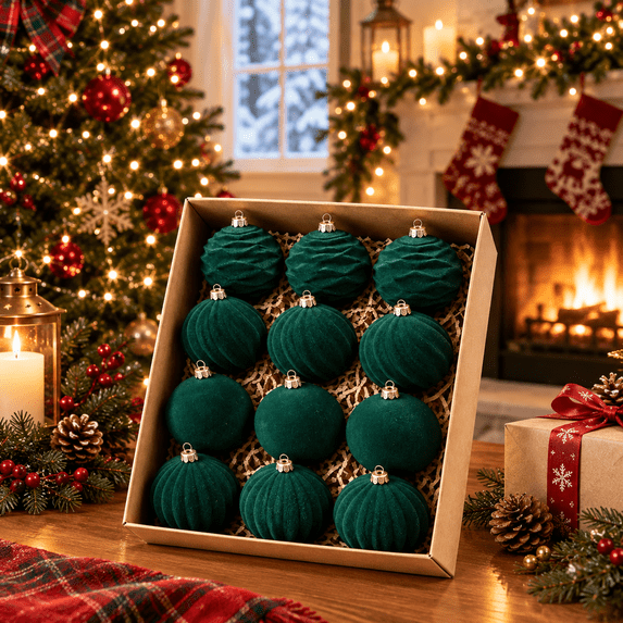12 Pcs Green Velvet Flocked Christmas Balls, 2.36 Inch Christmas Tree Ornaments, Green Hanging Xmas Ball Decorations, Soft Textured Christmas Tree Decor for Home, Mantel, Wreath, Garland, Party