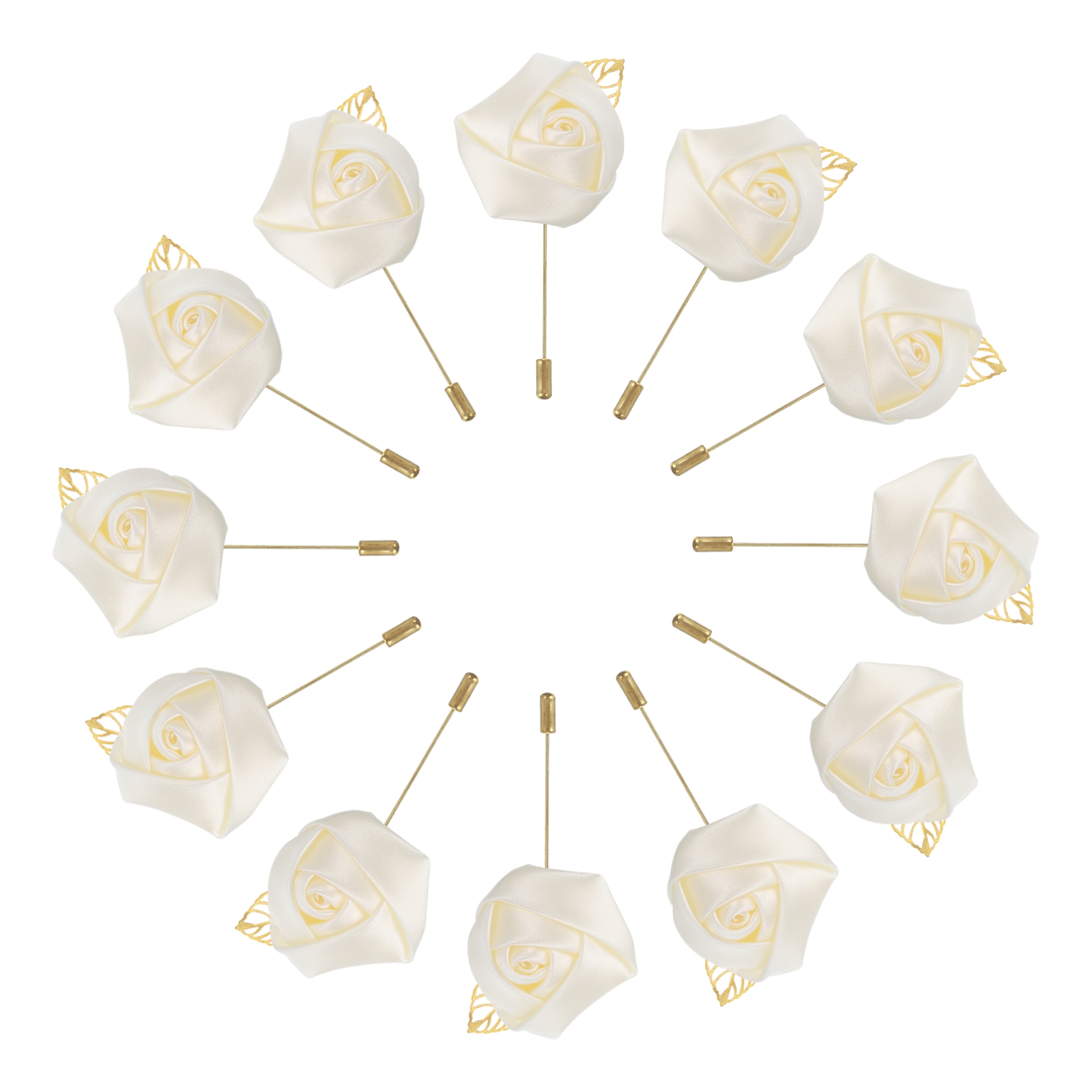 12 Boutonnières Roses Pour Mariage - Soie Et Métal, Rouge, Pour Marié, Témoin Ou Cérémonie