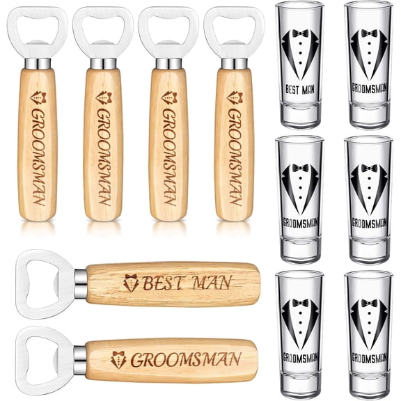 12 Pcs Groomsmen Proposal Shot Glasses and Beer Bottle Opener Set Include 6 Best Man Groomsmen Shot Glasses and 6 Bottle Opener Bulk Gifts for Wedding Favor(Simple)