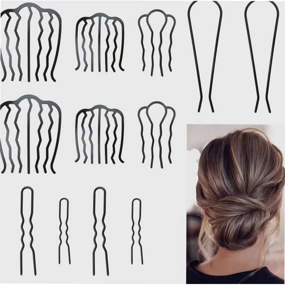 12 Pcs Hair Fork Clips, Black U Shape Hair Clips for Women, Alloy Vintage Hair Side Combs Hair Pins Teeth Stick for Bun Updo French Twist Hair Tool Hair Accessories for Women Girl