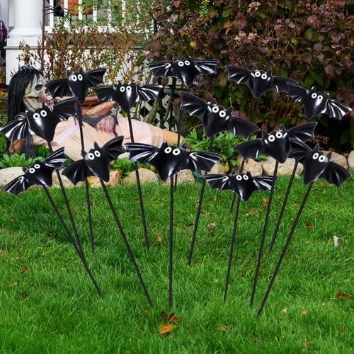 12 Pcs Halloween Bats Garden Stakes Halloween Outdoor Decorations Spooky Potted Plant Stakes Metal Bats Decorative Yard Signs for Outside Plant Pot Garden Lawn Porch  Decoration