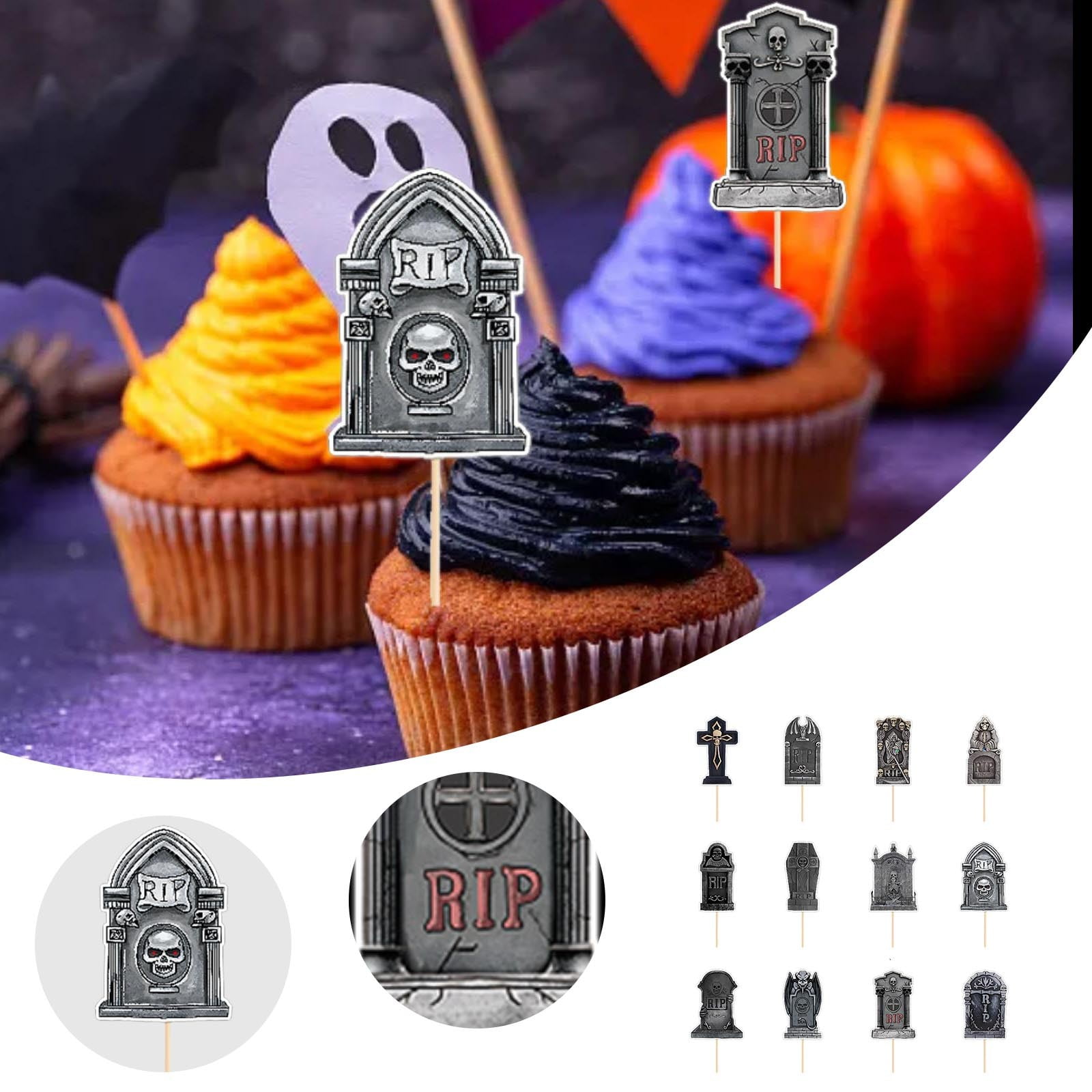 48 Pcs Halloween Cupcake Toppers - Tombstone & Mini Shovel Spoons For Spooky Party Decor