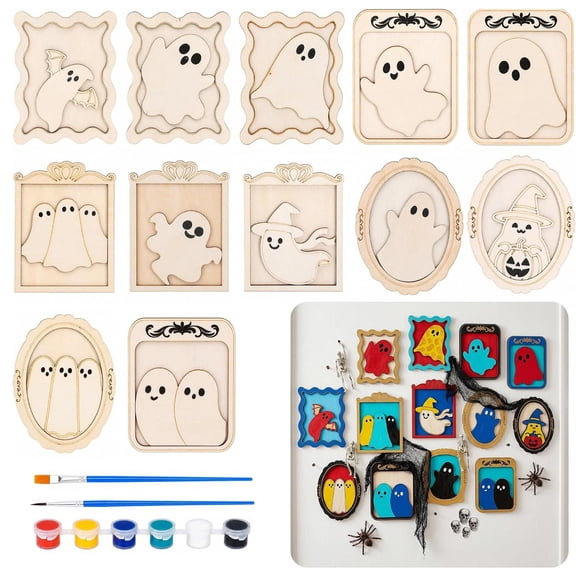 12 Pcs Halloween DIY Wooden Ghost Craft Kit, Unfinished Wooden Ghost Cutouts with Frame, Paint Your Own Ghost Ornament Set for Kids Art Activity, Halloween Home Decor, Family Craft Project