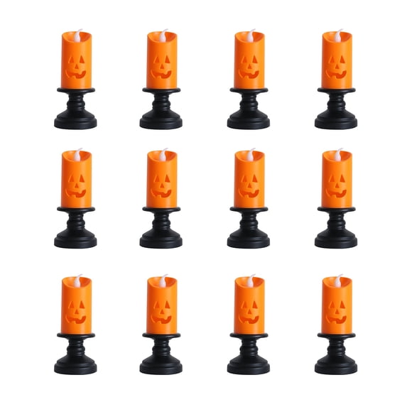 12 Pcs Halloween Pumpkin LED Flameless Candles with Black Candlestick,Battery Operated Flickering Candles for Mantel Tabletop Indoor Decor