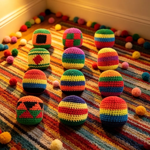12 Pcs Hand-Made Knitted Footsbag Sack,Hand-Crocheted Kick Bags,Multicolored Geometric Pattern,Soft Juggling Balls for Stress Relief & Outdoor Party Games