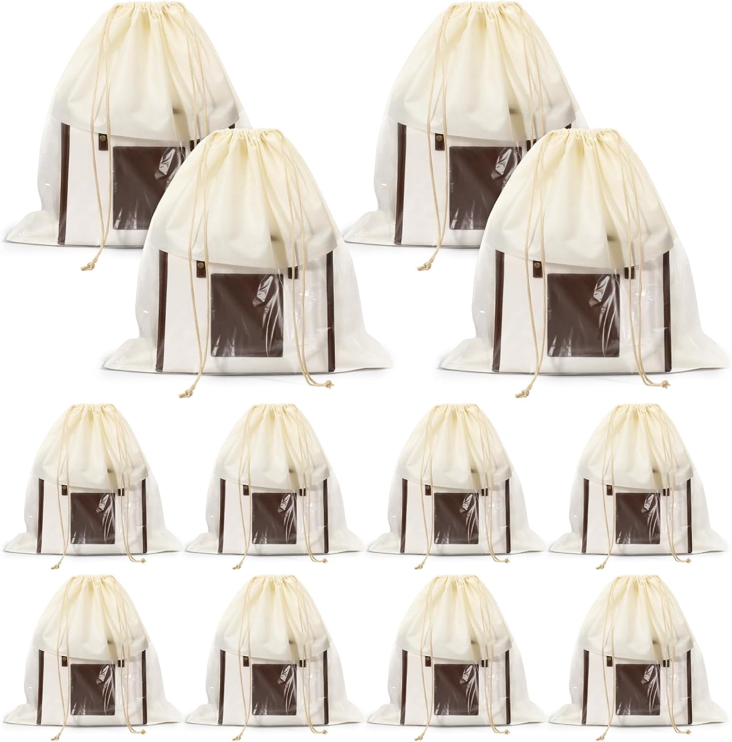 12 Pcs Handbag Organizer Bags with See-Through Window, Large Drawstring Dustproof Shoe Storage Bags Non-Woven Fabric Cloth Organizer Pouch for Handbags, Purses, Clothes, Blankets