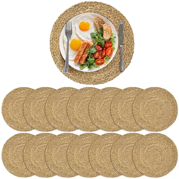 12 Pcs Handwoven Seagrass Placemats, 13.8 Inch Round Dinner Plate Mats, Heat Resistant Natural Table Protectors, Long-Lasting Reusable Easy Clean for Dining Kitchen, Wedding & Outdoor Dcor