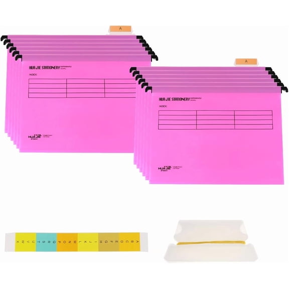 12 Pcs Hanging File Folders with Tabs and Card Inserts,A4 Suspension Files for Filing Cabinets, Waterproof Holder Adjustable Tab Design Home Office School (Pink)