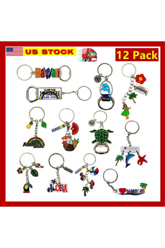 12 Pcs Hawaii Keychain, 4 Bottle Openers, Hawaiian Metal Keychains, I love Hawaii, ALOHA, Dolphins, Turtle, Palm Tree, Coconut, Hawaii License Plate, HI Charms, Key Chain Souvenirs, Gifts, Bundle