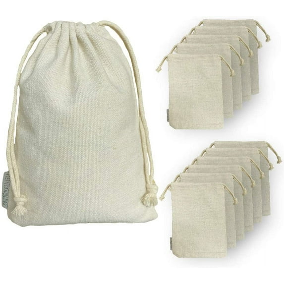 12 Pcs Heavy Duty Reusable Canvas Cotton Muslin Drawstring Bags | Large Rectangular 8x10 inch | Perfect for Organizing, Storage, Crafts, Food, Travel, Clothing, Toys