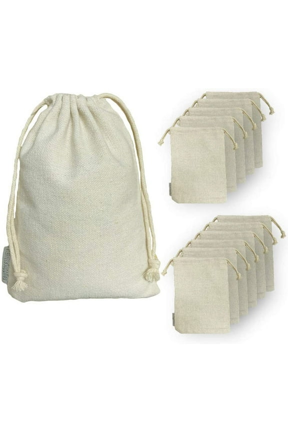 12 Pcs Heavy Duty Reusable Canvas Cotton Muslin Drawstring Bags | Large Rectangular 8x10 inch | Perfect for Organizing, Storage, Crafts, Food, Travel, Clothing, Toys