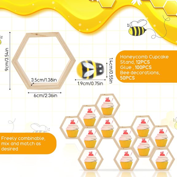 12 Pcs Hexagon Honeycomb Cupcake Stand with 50 Tiny Wooden Bee Wooden Farmhouse Hexagon Cake Display Holder Floating Cake Stand Honeycomb Shelves for Bee Baby Shower Decorations