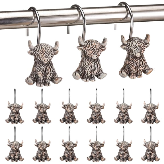 12 Pcs Highland Cow Shower Curtain Hooks Western Shower Curtain Hooks Stainless Steel Rust Resistant Rings Hangers for Winter Farmhouse Rustic Bathroom Decor