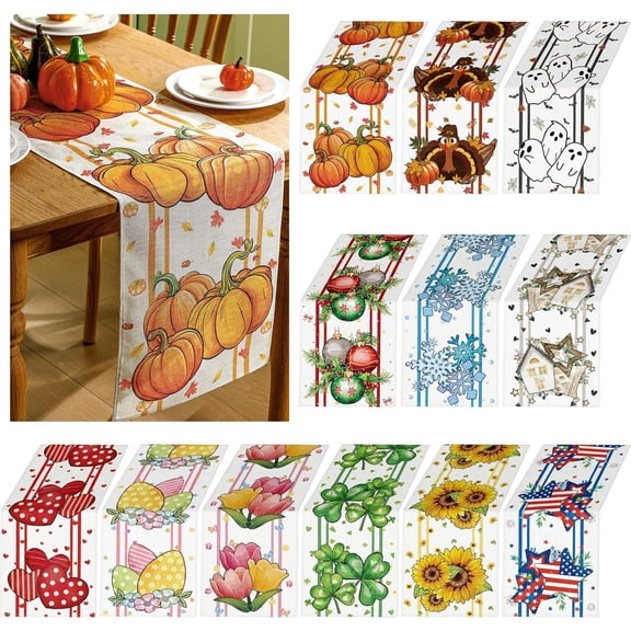 12 Pcs Holiday Table Runner Seasonal Farmhouse Table Decor 13 x 72 Inch Summer Fall Halloween Thanksgiving Christmas Decorations for Home Party Dining Room Kitchen