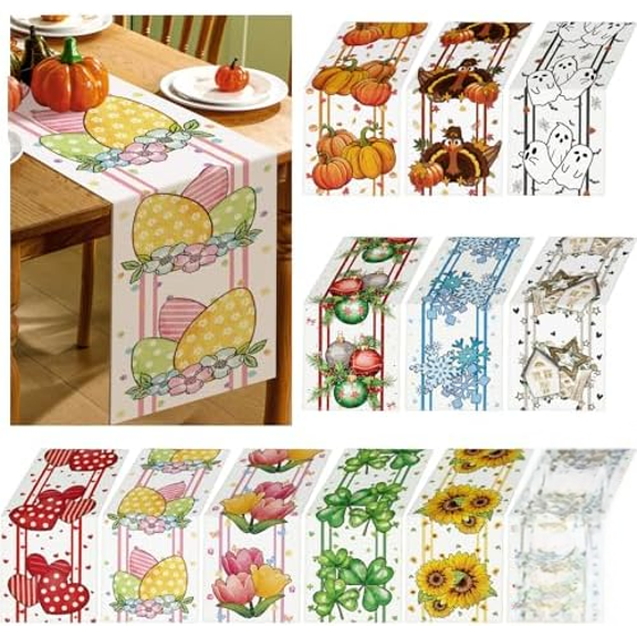 12 Pcs Holiday Table Runner Seasonal Farmhouse Table Decor 13 x 72 Inch Thanksgiving Christmas Decorations Fall Halloween for Home Party Dining Room Kitchen$$Home Decor, Kitchen, & Other