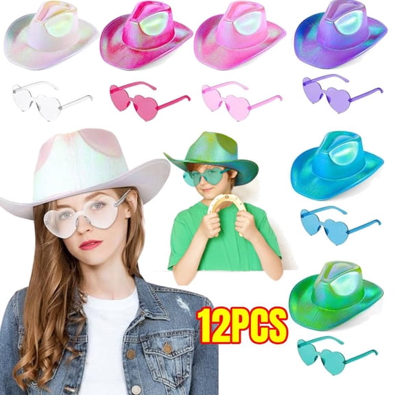 12 Pcs Holographic Space Cowgirl Hat with Rimless Sunglasses Neon Sparkly Cowboy Hat and Heart Sunglasses for Women