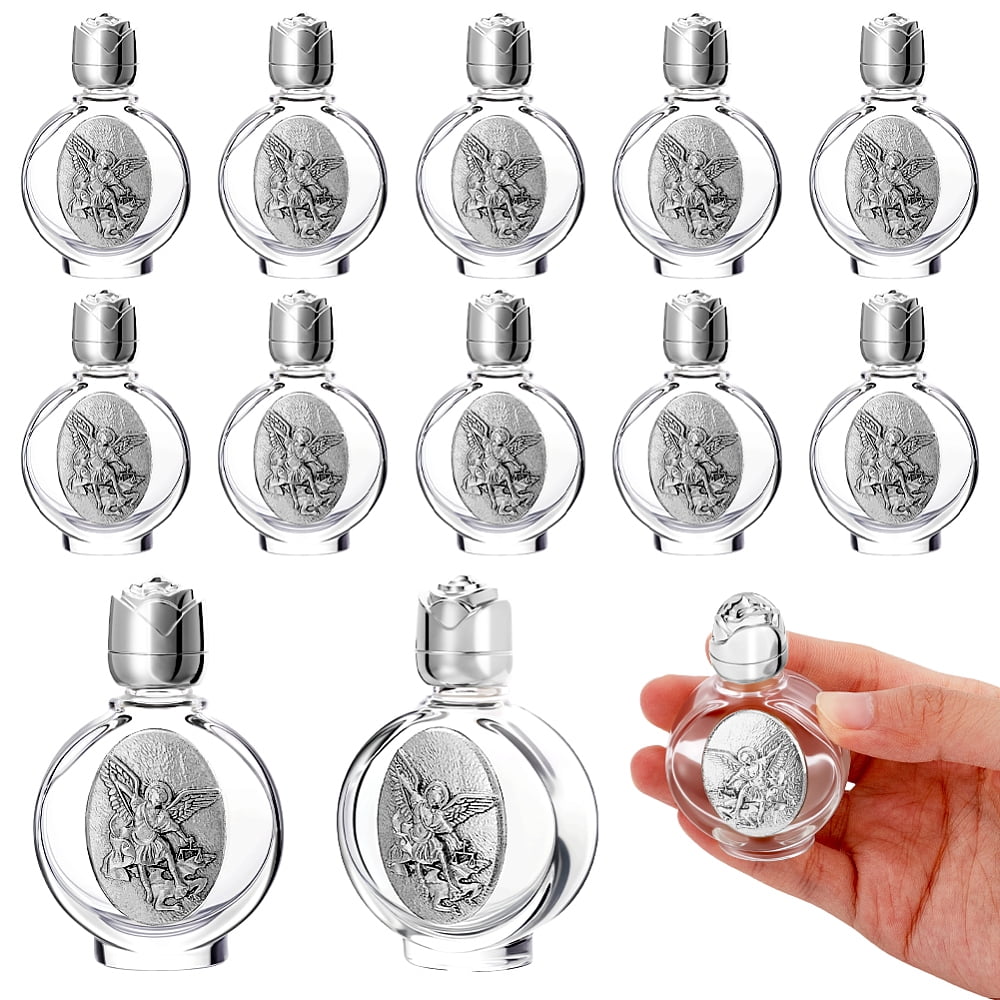 12 Pcs Holy Water Bottles 0.5 Floz Embossed Portable Empty Glass Travel Bottles with Lid Little Bottle Church Decorations Silver